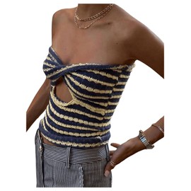 MakeMeChic Women's Knit Striped Twist Front Tube Top Strapless Cut Out Bandeau Crop Tops Multicolor Small