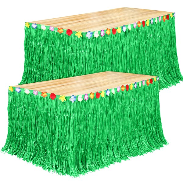 Fovths 2 Pack Luau Grass Table Skirt Natural 9 Feet x 29.5 Inch Hawaiian Table Skirt for Tropical Hawaiian Party Decorations Luau Party Costume Party, Green