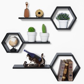 Black Wooden Hexagon Floating Shelves Wall Mounted-Set of 6,Decorative Honeycomb Shelves for Wall Decor,Modern Geometric Wall Organizer Cube Shelves Display for Plant,Photo,Living Room,Bedroom,Pine