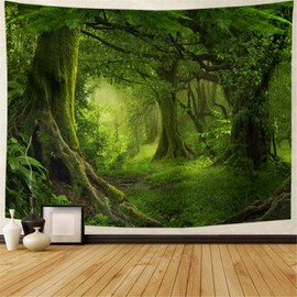 Lahasbja Virgin Forest Tapestry Green Tree in Misty Forest Tapestry Wall Hanging Nature Scenery Wall Tapestry Decor for Living Room Bedroom (XL/70.8"×92.5", Green Trees)