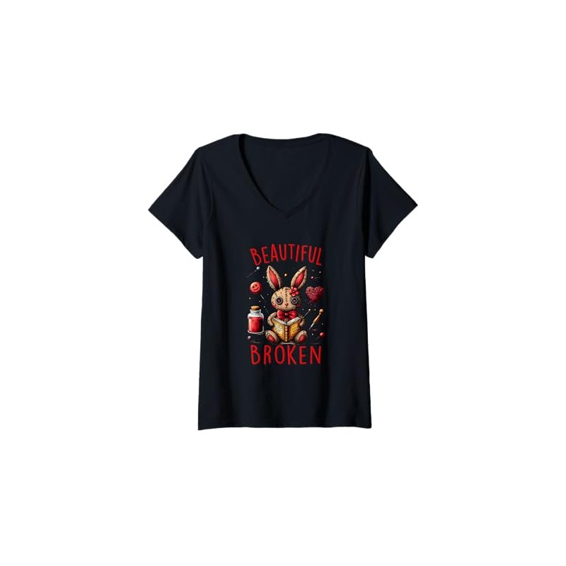 Womens Beautifully Broken Voodoo Doll - Resilience Gothic Art V-Neck
