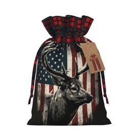 PUTWULB Deer Camo Camouflage American Flag Hunting Christmas Gift Bag, Candies Drawstring Bag for Xmas Party Favor Supplies Wrapping