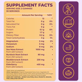 TrueSeaMoss Sea Moss Elderberry Gummies for Adults & Kids - Magnesium, Burdock Root & Bladderwrack – Supports Immune, Boost Energy, Skin & Hair Health, Detox – Made in USA - 60 Vegan Gummies