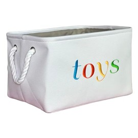 APPLE PIE ORDER Nursery basket, Storage & organizer Bin for Baby, Diapers, Wipes, Books, Toys. White Canvas fabric Decorative Box with Embroidering. (Toys - colorful, Medium)
