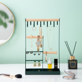 ProCase Jewelry Stand Holder Organizer, 4-Tier Necklace Holder with Ring Tray, 10 Hooks Necklaces Hanging Small Jewelry Display Storage Tower Tree for Bracelets Earrings Watches -Medium, Green