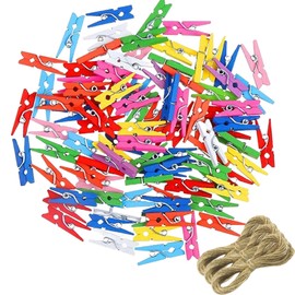 wodehahagou103PCS Mini Pegs,Coloured Mini Pegs for Photos Wooden Photo Clips Small Pegs for Hanging Photos, String and Pegs for Photos for Decorative Photo Paper Wall