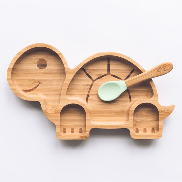 Moon and Moo Tortoise Bamboo Suction Plate and Spoon Set