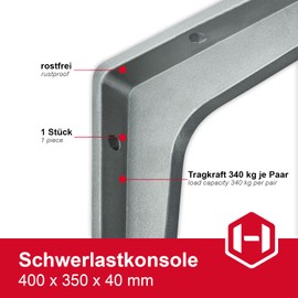 Gedotec Sparta Heavy Duty Bracket Aluminium Silver Matt – Pack of 1 – Shelf Brackets for Wall Mounting Dimensions: 400 x 350 x 40 mm | 340 kg Load Capacity | Steel Angle Bracket - Shelf Bracket -