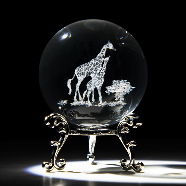 HDCRYSTALGIFTS 3D Crystal Ball 2.4inch Laser Engraved Mom and Baby Giraffe Figurine Collectibles Paperweight Glass Decorative Full Sphere with Stand