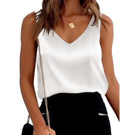 Aoulaydo Women's Silk Satin Sleeveless Blouse Summer Basic Camisole Tank Shirt V Neck Casual Loose Tank Tops A-White