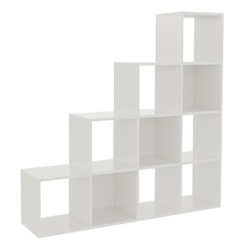 OSCHF Ladder Cube Storage Bookcase - Wooden L-Shaped 4-Tier Corner Shelf, Reversible 10-Cube Organizer for Home & Office, White