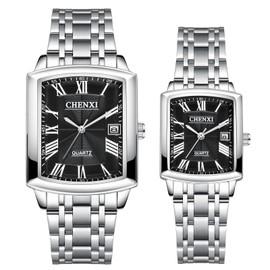 JewelryWe Men's Women's Couple Watch Quartz Analogue Rectangular Ceramic Band Partner Friendship Watch with Rhinestones Black White Gift Valentine's Day, Silver/Black Pair Watches, Bracelet