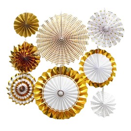 Gold Paper Fans Set of 8 Festive Decoration Fans Flower Birthday Festival Children's Day New Year Wedding Christmas Graduation Decoration Photo Booth Background (Paper Fan Decoration)