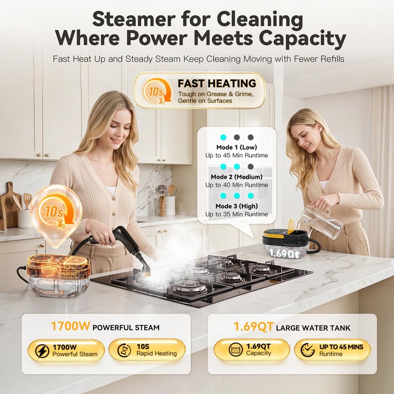 Steam Cleaner, 3 Level Adjustable Handle with 15 Accessories