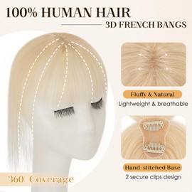 S-noilite Bangs Hair Clip,360° 3D Cover Real Clip in Bangs Human Hair Toppers for Women With Wispy Bang Daily Wear Bleach Blonde
