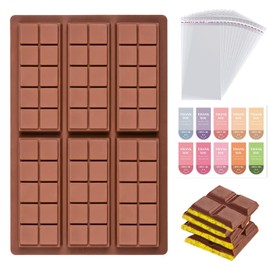6 Cavities Chocolate Bar Mold Deep with 100pcs Storage Bags and 100pcs Stickers, Non-Stick Rectangle Wax Melt Silicone Molds for DIY Chocolate Molds Gift (6 Cell 10 Section)