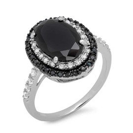 925 Sterling Silver Shiny Full Diamond Ring Oval Cut Black Onyx Marcasite White Cubic Zirconia Rings CZ Cocktail Rings Eternity Engagement Wedding Band Ring for women TZ.36 (US Code 7)
