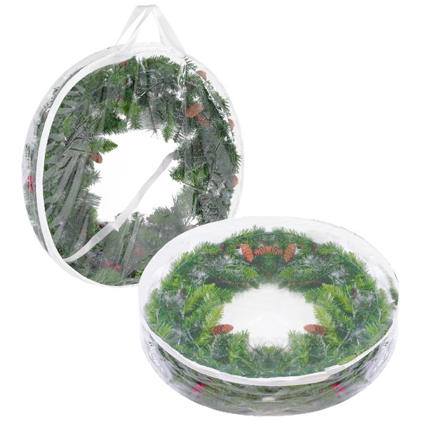 Joiedomi Confezione da 2 contenitori trasparenti per corona di Natale, 76,2 cm, in plastica trasparente, con doppia cerniera e manici per il trasporto