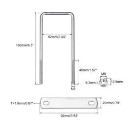 sourcing map U Bolts U Bolts M8 x 62 mm x 160 mm Square U Shackle Bolt 304 Stainless Steel U-Bolts with Nut Plate Bracket Clamp Fence Attachment for Roof Box Car Pipe Towing
