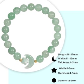 Nupuyai Carved Moon Star Green Aventurine Crystal Stone Bracelet for Women, 8mm Round Beads Stretch Bracelet Lucky Charm
