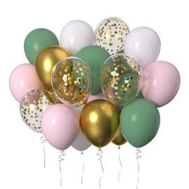 12 inch White Light Pink Avocado Green Gold Balloons and Gold Confetti Latex Balloons for Engagement Party Decoration, Birthday Baby Shower, Wedding Anniversary Party Decorations 50 Pcs
