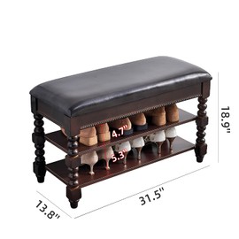 LKZ Shoe Storage Bench, Solid Wood Shoe Bench with Microfiber Leather Cushion Seat for Hallway, Entryway, Living Room, Bedroom (Walnut, 31.5'')