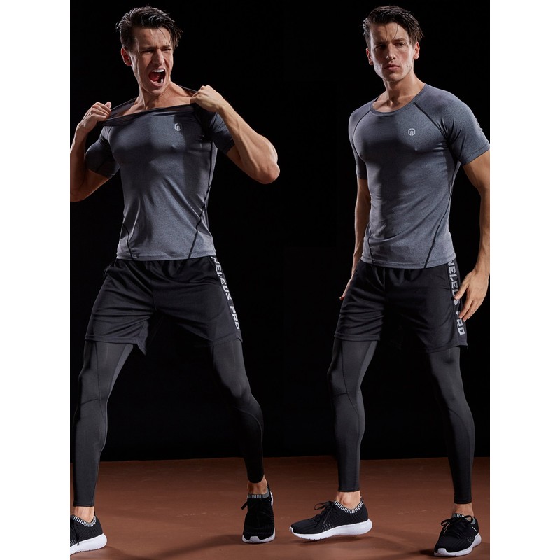 NELEUS Men's 3 Pack Compression Baselayer Athletic Workout T Shirts,5022,Black,Grey,Navy