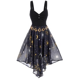 FEAPHY Women's Vintage Chiffon Sun Moon Star Sleeveless A-Line High Low Dress (Galaxy-Black & Waist Chain, S)