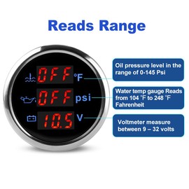 WATERWICH 3 in 1 Triple Gauge Set 52mm 2inch Water Temperature Gauge °F + Oil Pressure Gauge PSI + Voltmeter for Car Truck Boat Vehicle Marine