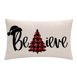 7COLORROOM 2Pack Red Christmas Pillow Cover Believe with Buffalo Check Tree Rectangular/Waist Cushion Cover Farmhouse Merry Christmas Decor 12”x 20”Pillowcases for Winter Holiday