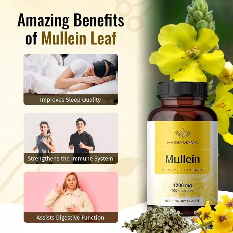 HERBAMAMA Mullein Leaf Capsules Respiratory Health - Organic Mullein Leaf
