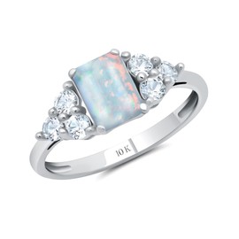 MAX + STONE Solid 10K White Gold Ring for Women with Emerald Cut White Opal Gemstone and Created White Sapphire Accents | October Birthstone Rings | Created Opal Anniversary Ring Size 7