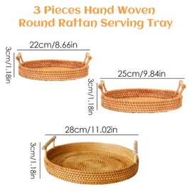 Tissting 3 Piezas Bandeja Redonda de Ratán con Asas, Cesta Tejida a Mano, Bandeja Organizadora Decorativa para Almacenamiento, Pan, Frutas, Postre