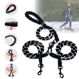 Correa Doble para Perros, Extraíble Correa Resistente con Manija Suave, 360° Sin Enredo Rotación y Reflectante Correas, para 2 Perros Pequeño Medianos y Grandes, Paseo Nocturno con El Perro(Negro)