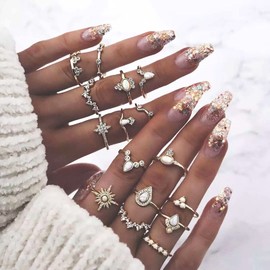HUASAI Gold Stackable Rings for Women Trendy Boho Moon Star Midi Pinky Knuckle Ring Set Cute Stuff Jewelry Birthday Gifts