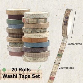 Tikplus 20 Rolls Washi Tape Set, 7mm Wide Vintage Scrapbook Tape, Selfadhesive Masking Tape Stickers, Craft Tape with Decorative Patterns, for DIY, Scrapbooking(3 Meters/Roll)