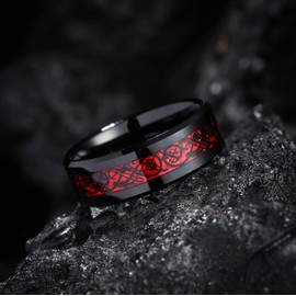 King Will Men's 8mm Black Red Celtic Dragon Tungsten Carbide Ring Mens Celtic Dragon Wedding Band Comfort Fit (9.5)