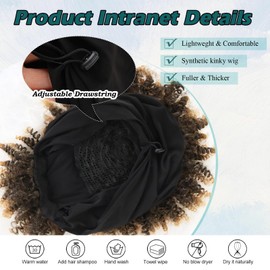 Mayouda Afro Headband Wig Kinky Curly Headband Wig with Bangs Head-Wrap Wigs 2 in 1 Afro Puff Wig for Women Synthetic Half Wigs (Heibu-Omber Blonde)