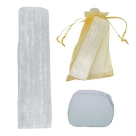 Barra de Selenita Natural en Bruto, Cristal para Limpieza Energética, 115 grms, 10 cm x 2.5 cm, Tamaño Bolsillo, Incluye Bolsa de Tela de Regalo