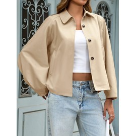 Cicy Bell Womens Oversized Cropped Trench Coats Batwing Sleeve Trendy Casual Jackets Button Up Outerwear