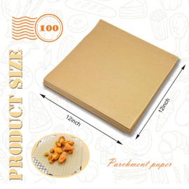 12x12 Inch Parchment Paper,100 Pcs Pre-Cut Food Paper Sheets, for Baking, Cooking, Frying, Grilling and Steaming, Food Basket Liners,Suitable for Air Fryers, Ovens, Bakeware, Trays (12"x12" -100Pcs)