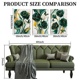 VANSEEING 3 Pieces Canvas Wall Art Emerald Green Rose Flower Butterfly Painting Modern Green Gold Abstract Marble Pictures Prints Artwork Wall Decor for Home Office Bedroom Living Room 16x24inchx3