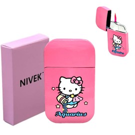 NIVEK Kitty Cat Lighter Y2k 12 Consetellations Horoscope Astrology Zodiac Birth Signs Pretty Pink Flame Kawaii Collectable Japanese Cool Accesories (Aquarius)