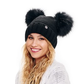 ELIMELI Winter Women's Hat with Two Pompoms - Warm Winter Hat with Faux Fur Bobble - Slouch Beanie Women - Bobble Hat for Women - Fleece Lined Women's Hat, black