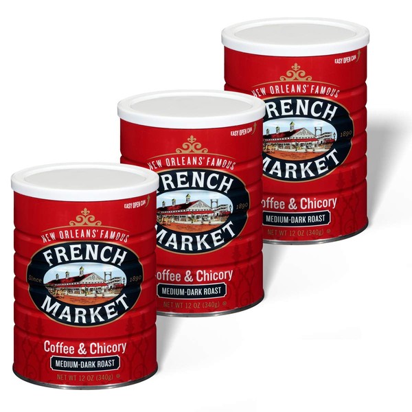 French Market Coffee Creole Medium-Dark Roast Ground Coffee & Chicory 12 oz. Canister (Pack of 3)