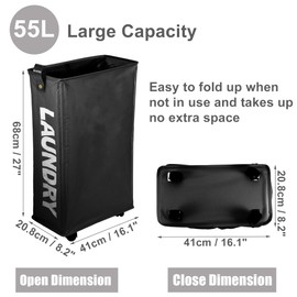 VOCOSTE Laundry Basket With Wheels, 27" Tall Rolling Laundry Basket, 55L Slim Laundry Hamper on Wheels, Narrow Laundry Hamper for Closet, Clothes Hamper with Handle for Corner Dorm, Black