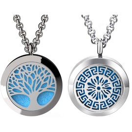Tree of Life and Greek Medallion Essential Oil Diffuser Necklace Stainless Steel Pendants with 24" Chains + 12 Refill Pads