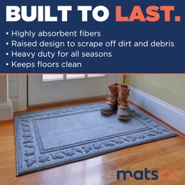 Mats Inc. Artisan Entry Front Door Mat - Rubber Back Indoor Outdoor with Leaf Border Design, Water Absorbing Welcome Mat Door Mat Outside Entrance, Made in The USA, 2' x 3'(Slate)