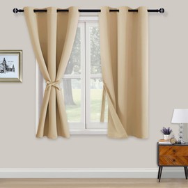 XWZO Opaque Blackout Curtains with Eyelets, 2 Pieces, Curtains with Tie Backs, Opaque Curtains for Bedroom, Living Room, Office, 138 x 117 cm, Beige