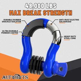 AUTOBOTS Bow Shackles 3/4" D Ring Shackle (2 Pack), 48,000Ib Break Strength with 7/8" Pin, 2 Isolator and 4 Washers Kit for Offroad Vehicle Truck Recovery Blue